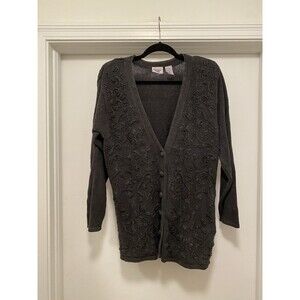 Vtg Cottagecore Cardigan Sweater Sz Medium Grey Goth Fall Whimsy 80s Embroidered